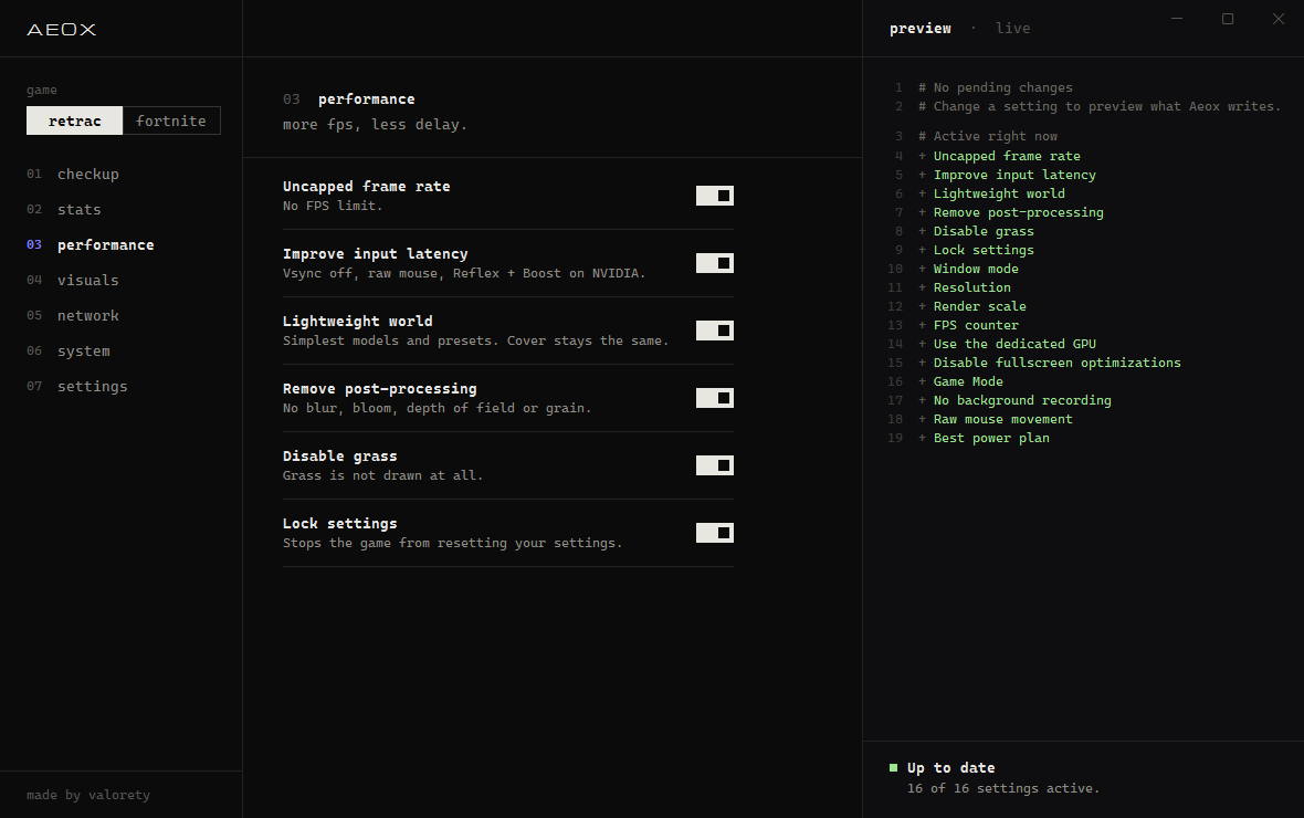 Aeox Performance page with toggles and a live preview of changes
